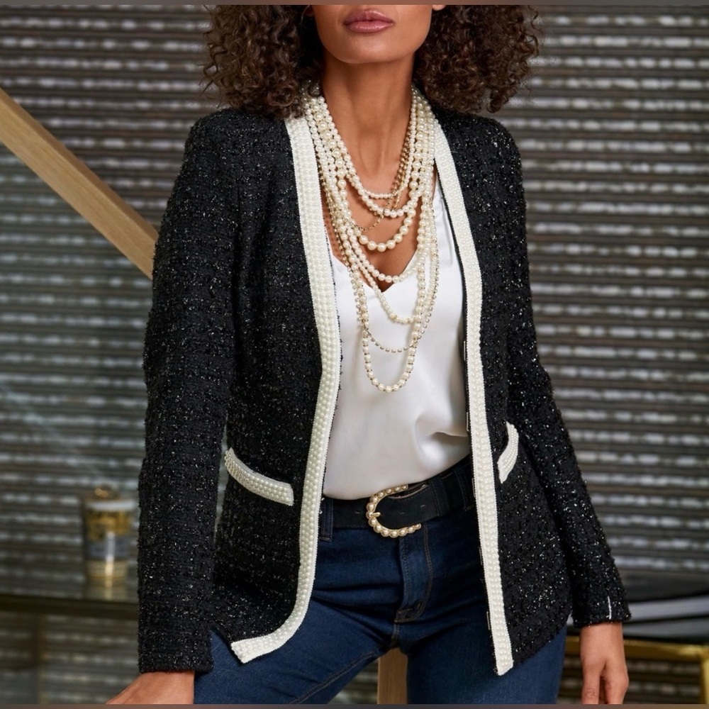 Boston Proper Black and White Tweed Blazer with Pearls